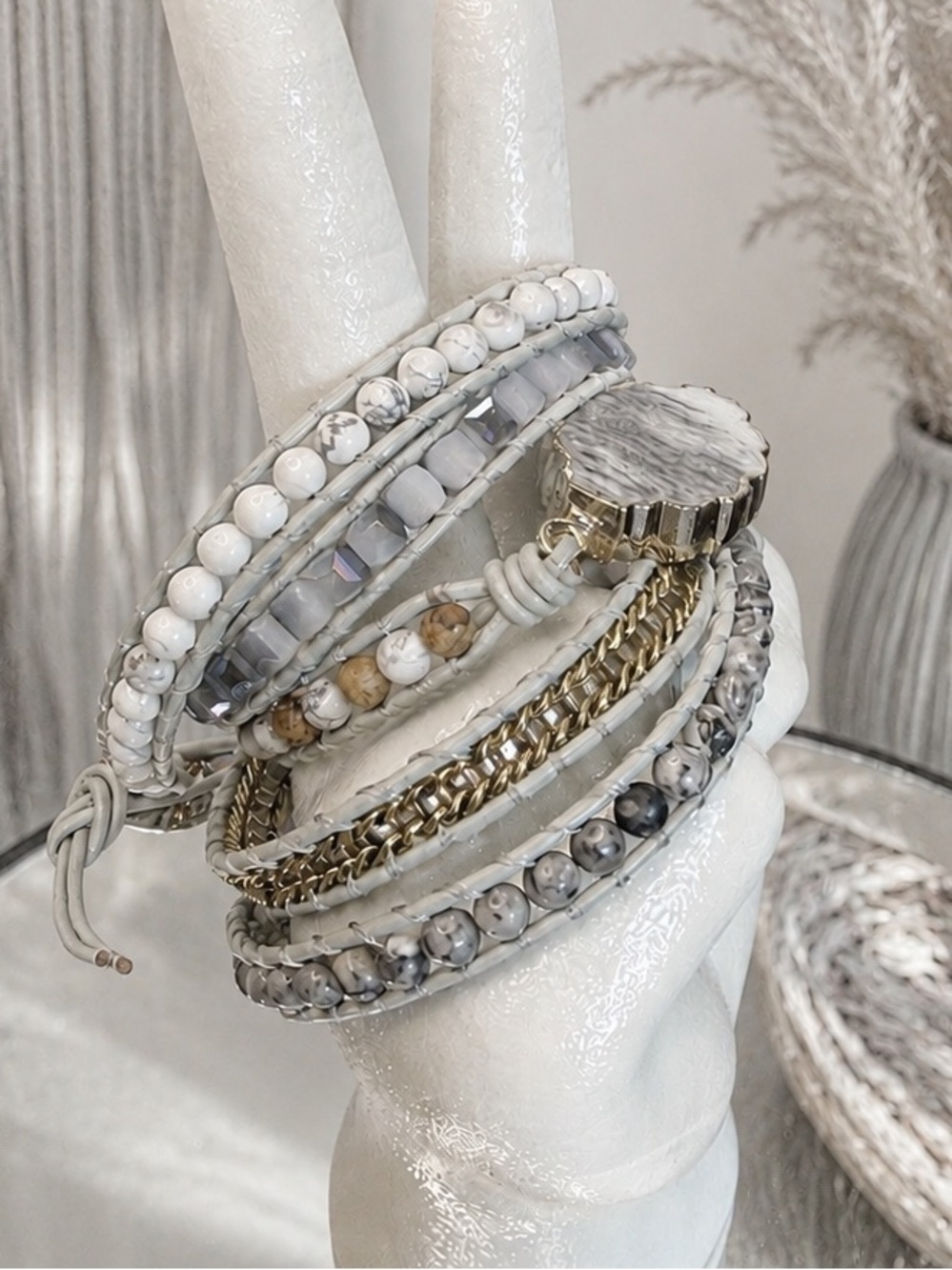 Plumiss Boho Wrap Druzy Bracelet 35” Layered White and Gray Mixed Beads